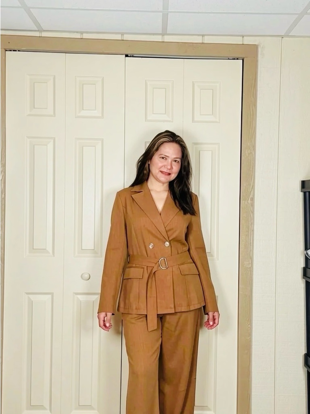 Tailored Tan Belted Women's Blazer & Matching Pants